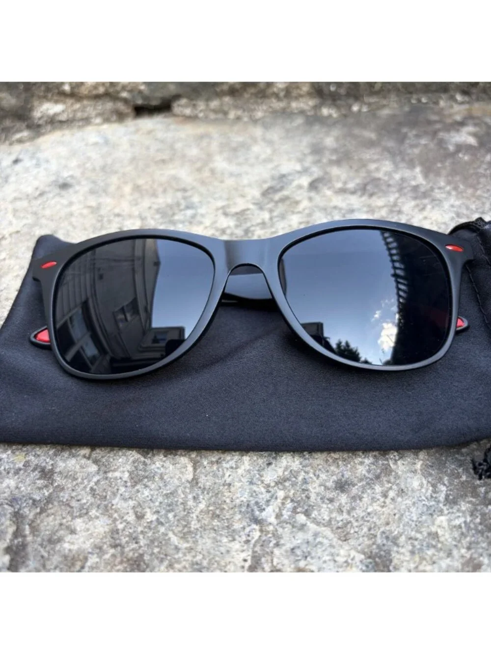 Matte Black Wayfarer Style Sunglasses Red Accent Grip Sport Performance New